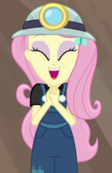 Size: 333x515 | Tagged: safe, screencap, fluttershy, equestria girls, g4, my little pony equestria girls: better together, opening night, opening night: twilight sparkle, cute, female, magic, miner, shyabetes, solo