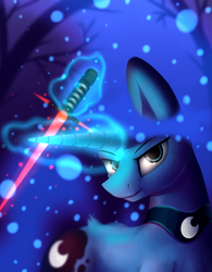 Size: 1560x2000 | Tagged: safe, artist:quefortia, princess luna, alicorn, pony, g4, female, glowing horn, horn, lightsaber, magic, mare, star wars, telekinesis, weapon