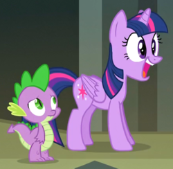 Size: 443x432 | Tagged: safe, screencap, spike, twilight sparkle, alicorn, pony, castle mane-ia, g4, cropped, faic, female, gasp, mare, standing, twilight sparkle (alicorn), wings