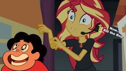 Size: 1024x576 | Tagged: safe, edit, edited screencap, screencap, sunset shimmer, gem (race), human, hybrid, equestria girls, g4, my little pony equestria girls: better together, opening night, opening night: twilight sparkle, clothes, female, geode of empathy, male, pants, parody, steven quartz universe, steven universe