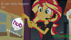 Size: 1280x720 | Tagged: safe, artist:artofmagicpoland, edit, edited screencap, screencap, sunset shimmer, equestria girls, g4, my little pony equestria girls: better together, my little pony equestria girls: choose your own ending, opening night, opening night: twilight sparkle, artist was bored, discovery family logo, female, geode of empathy, hub logo, inverted mouth, solo