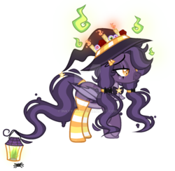 Size: 1024x1000 | Tagged: safe, artist:inkyy-kiwi, oc, oc only, bat pony, pony, clothes, deviantart watermark, female, hat, mare, obtrusive watermark, simple background, socks, solo, striped socks, transparent background, watermark, witch hat