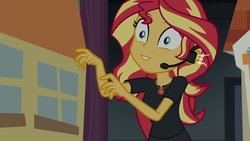 Size: 1280x720 | Tagged: safe, edit, edited screencap, screencap, sunset shimmer, equestria girls, g4, my little pony equestria girls: better together, opening night, opening night: twilight sparkle, clothes, inverted mouth, pants