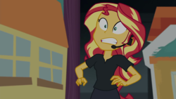 Size: 1280x720 | Tagged: safe, screencap, sunset shimmer, equestria girls, g4, my little pony equestria girls: better together, opening night, opening night: sunset shimmer, female, freaked out, solo