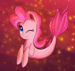 Size: 1687x1596 | Tagged: safe, artist:brok-enwings, pinkie pie, earth pony, pony, seapony (g4), g4, my little pony: the movie, cute, diapinkes, dorsal fin, female, fin, fish tail, flowing mane, flowing tail, looking at you, mare, ocean, one eye closed, open mouth, open smile, scales, seaponified, seapony pinkie pie, seaquestria, smiling, smiling at you, solo, species swap, swimming, tail, that pony sure does love being a seapony, underwater, water, wink