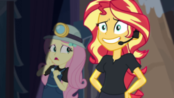Size: 1280x720 | Tagged: safe, screencap, fluttershy, sunset shimmer, equestria girls, g4, my little pony equestria girls: better together, opening night, opening night: sunset shimmer, female, sweat