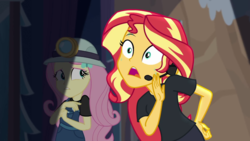 Size: 1280x720 | Tagged: safe, screencap, fluttershy, sunset shimmer, equestria girls, g4, my little pony equestria girls: better together, opening night, opening night: sunset shimmer, female, sweat