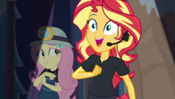 Size: 1280x720 | Tagged: safe, screencap, fluttershy, sunset shimmer, equestria girls, g4, my little pony equestria girls: better together, opening night, opening night: sunset shimmer, director shimmer, duo, duo female, female, headset, helmet, miner, mining helmet, sweat