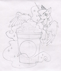 Size: 1280x1482 | Tagged: safe, artist:lispp, princess luna, pony, g4, black and white, drinking straw, female, food, grayscale, looking at you, monochrome, solo, traditional art, whipped cream