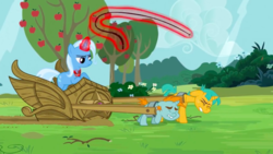 Size: 1440x815 | Tagged: safe, screencap, snails, snips, trixie, pony, unicorn, g4, magic duel, alicorn amulet, amulet, apple tree, bucktooth, bullwhip, chariot, child abuse, colt, don't trust wheels, eyes closed, female, foal, glowing horn, harness, horn, jewelry, magic, magic abuse, magic aura, male, mare, pulling, slavery, straining, tack, telekinesis, tree, trixie's fans, trixie's slaves, whip, whipping