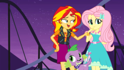 Size: 1280x720 | Tagged: safe, artist:3d4d, artist:seahawk270, fluttershy, spike, spike the regular dog, sunset shimmer, dog, equestria girls, g4, my little pony equestria girls: better together, clothes, geode of empathy, geode of fauna, open mouth