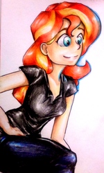 Size: 2377x3950 | Tagged: safe, artist:nolyanimeid, sunset shimmer, equestria girls, g4, my little pony equestria girls: better together, opening night, clothes, director, female, high res, pants, simple background, smiling, solo, traditional art, white background