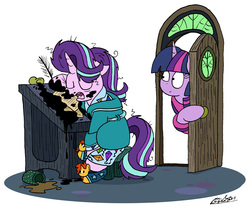 Size: 2180x1803 | Tagged: safe, artist:bobthedalek, starlight glimmer, sunburst, twilight sparkle, pony, unicorn, g4, bathrobe, chocolate, clothes, desk, door, empathy cocoa, food, hot chocolate, implied starburst, ink, messy, messy mane, mug, pajamas, quill, robe, sleeping, slippers, starlight's room, that pony sure does love kites, themed slippers, tired