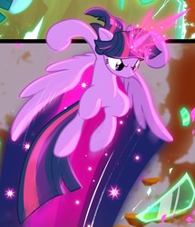 Size: 1026x1192 | Tagged: safe, artist:light262, artist:lummh, twilight sparkle, alicorn, pony, comic:timey wimey, g4, badass, comic, cropped, escape, female, glowing horn, horn, magic, mare, solo, speed trail, twilight sparkle (alicorn), wings