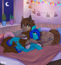 Size: 1800x1900 | Tagged: safe, artist:varllai, oc, oc only, oc:alexis paint, pony, bed, blanket, cactus, cuddling, digital art, duo, female, lightly watermarked, male, mare, pillow, signature, stallion, watermark