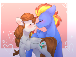 Size: 4000x3000 | Tagged: safe, artist:lizzingloh, oc, oc only, oc:scarlett drop, oc:wing hurricane, pegasus, pony, abstract background, blushing, boop, brown hair, cute, eyes closed, female, folded wings, gradient background, male, mare, multicolored hair, noseboop, oc x oc, ocbetes, orange hair, pegasus oc, pigtails, raised hoof, scarricane, shipping, smiling, stallion, straight, wings, yellow hair