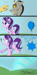 Size: 1000x2000 | Tagged: safe, artist:mr.rexy, discord, starlight glimmer, draconequus, pony, unicorn, a matter of principals, g4, balloon, balloon popping, blushing, magic, nails, party balloon, popping, scared, signature, smiling, surprised