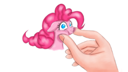 Size: 1024x576 | Tagged: safe, artist:rurihal, pinkie pie, earth pony, human, pony, g4, cheek squish, cute, diapinkes, female, floppy ears, hand, looking at you, mare, micro, ponk, simple background, smiling, smol, solo focus, squeezing, squish, squishy cheeks, tiny, tiny ponies, white background, wide eyes