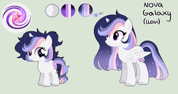 Size: 918x484 | Tagged: dead source, safe, artist:moon-rose-rosie, oc, oc only, oc:nova galaxy, alicorn, pony, female, filly, mare, offspring's offspring, reference sheet, simple background, solo