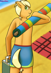 Size: 2440x3500 | Tagged: safe, artist:galacticham, applejack, earth pony, anthro, g4, applejack (male), beach, explicit source, freckles, high res, ponytail, rule 63, swimming trunks, windbreaker