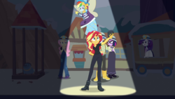 Size: 1280x720 | Tagged: safe, screencap, flash sentry, fluttershy, rainbow dash, rarity, sci-twi, sunset shimmer, twilight sparkle, equestria girls, g4, my little pony equestria girls: better together, opening night, opening night: sunset shimmer, clothes, coal, costume, fairy bootmother, helmet, miner, mining helmet, selfie soot