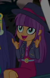 Size: 274x426 | Tagged: safe, screencap, ginger owlseye, equestria girls, g4, my little pony equestria girls: better together, opening night, background human, clothes, cropped, cute, fedora, hat, jacket, open mouth, owlabetes, smiling