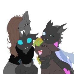 Size: 4500x4512 | Tagged: safe, artist:0silverstardust0, oc, oc only, oc:tectus ignis, oc:waveform, changeling, earth pony, pony, absurd resolution, commission, cute, cuteling, female, flat colors, group, hug, hug from behind, male, polyamory, simple background, transparent background, wip