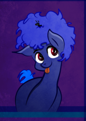 Size: 1500x2100 | Tagged: safe, artist:daku, oc, oc only, oc:daku, ant, insect, pony, unicorn, afro, drawing, long hair, male, missing horn, purple background, red eyes, short tail, simple background, solo, stallion, tongue out