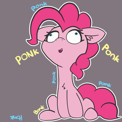 Size: 1280x1280 | Tagged: safe, artist:pabbley, pinkie pie, earth pony, pony, g4, 30 minute art challenge, adventure in the comments, chest fluff, cute, derp, diapinkes, endless quoting, female, looking up, mare, no catchlights, ponk, silly, simple background, sitting, solo, white outline