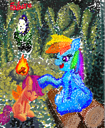 Size: 937x1140 | Tagged: safe, artist:failure, rainbow dash, scootaloo, pegasus, pony, g4, campfire, cave, colored, drawthread, duo, female, filly, head pat, mare, mosaic, noogie, pat, requested art, scootalove, signature, stippling