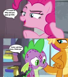 Size: 1280x1441 | Tagged: safe, edit, edited screencap, screencap, pinkie pie, smolder, spike, g4, molt down, season 8, bad idea, broom closet, dejected, hide and seek, molting, sad, school of friendship, speech bubble, stone scales, text, this will not end well
