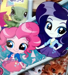 Size: 875x965 | Tagged: safe, artist:amy mebberson, pinkie pie, rarity, equestria girls, g4, official, chibi, clothes, doll, equestria girls minis, hasbro, irl, merchandise, not gummy, photo, poster, promotion, skirt, toy