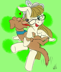 Size: 1280x1502 | Tagged: safe, artist:elbenjaftw, ripley, zippoorwhill, dog, pegasus, pony, g4, female, filly, foal, glasses, heart, jewelry, one eye closed, tiara