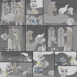 Size: 1500x1500 | Tagged: safe, artist:arareroll, princess celestia, oc, alicorn, earth pony, pegasus, pony, unicorn, comic:returning to her majesty, g4, armor, chair, clothes, comic, crown, dialogue, door, female, glasses, guard, hair bun, horseshoes, jewelry, male, mare, necklace, peytral, regalia, royal guard, shirt, spread wings, stallion