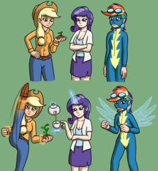 Size: 1280x1388 | Tagged: safe, artist:mkogwheel, applejack, rainbow dash, rarity, human, g4, augmented, clothes, earth pony magic, ethereal horn, ethereal wings, female, food, goggles, green background, humanized, magic, plant, simple background, tea, telekinesis, trio, uniform, wings, wonderbolts, wonderbolts uniform