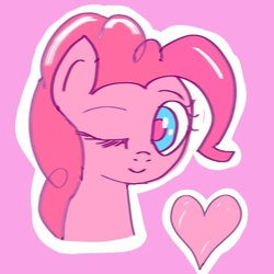 Size: 908x908 | Tagged: safe, artist:fork, pinkie pie, pony, g4, female, heart, one eye closed, pink, pink background, simple background, solo, wink, 호엑