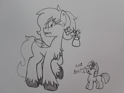 Size: 2576x1932 | Tagged: safe, artist:drheartdoodles, twilight sparkle, oc, oc:dr.heart, g4, bad, bottle, female, filly, size difference, small, spray, traditional art