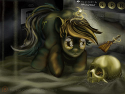 Size: 1527x1149 | Tagged: safe, artist:thesouthernnerd, lyra heartstrings, pony, spider, g4, archaeologist, brush, female, metro, sand, skull, solo, spider web, subway