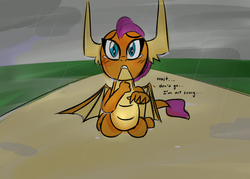 Size: 1400x1000 | Tagged: safe, artist:zouyugi, smolder, dragon, g4, dragoness, female, lonely, rain, sad