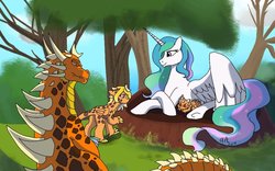 Size: 900x563 | Tagged: safe, artist:fallenangel5414, princess celestia, oc, oc:fanta, oc:gfantis, oc:sunna, alicorn, hybrid, kaiju, kirin, pony, g4, commission, digital art, family, female, gfantis, interspecies offspring, male, mare, momlestia, next generation, offspring, signature