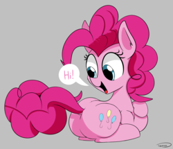 Size: 2743x2363 | Tagged: safe, artist:taurson, pinkie pie, earth pony, pony, g4, atg 2018, back fluff, balloonbutt, butt, cute, dialogue, diapinkes, dock, ear fluff, female, gray background, hi, high res, leg fluff, looking back, mare, newbie artist training grounds, open mouth, pinkie being pinkie, plot, prone, shoulder fluff, silly, silly pony, simple background, smiling, solo, speech bubble, talking to butt