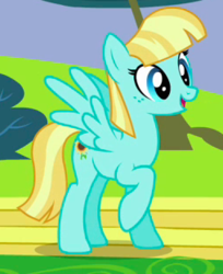 Size: 254x312 | Tagged: safe, screencap, helia, pegasus, pony, g4, hurricane fluttershy, background pony, cropped, female, mare, open mouth, raised hoof, smiling, solo, spread wings, wings