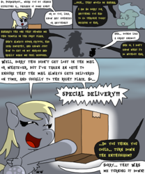 Size: 1000x1200 | Tagged: safe, artist:bjdazzle, derpy hooves, oc, oc:permafrost, pegasus, pony, windigo, comic:accidental transit guardians, g4, atg 2018, box, chibi, comic, delivery, female, good end, happy, holding, implied sphinx, mailmare, mare, mission accomplished, newbie artist training grounds, outstretched arms, package, silhouette, success, victory