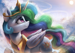 Size: 3600x2550 | Tagged: safe, artist:vanillaghosties, princess celestia, alicorn, pony, g4, atg 2018, beautiful, crown, digital art, female, folded wings, high res, horn, jewelry, looking up, majestic, mare, newbie artist training grounds, pretty, redraw, regal, regalia, smiling, solo, sun, wings