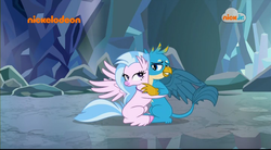 Size: 1047x576 | Tagged: safe, screencap, gallus, silverstream, classical hippogriff, griffon, hippogriff, g4, what lies beneath, cave, cloud, cute, diastreamies, duo, female, gallabetes, hug, lidded eyes, logo, male, nick jr., nickelodeon, nightmare cave, out of context, shipping fuel, silverstream hugs gallus