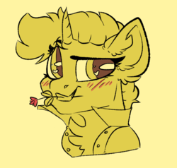 Size: 564x537 | Tagged: safe, artist:spoopygander, oc, oc only, oc:gold star, pony, unicorn, blushing, chest fluff, clothes, ear fluff, earsmiling, female, flower, flower in mouth, heart eyes, jacket, looking at you, mare, monochrome, mouth hold, raised eyebrow, simple background, solo, wingding eyes