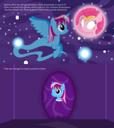 Size: 4096x4608 | Tagged: safe, artist:parclytaxel, pinkie pie, oc, oc:parcly taxel, alicorn, earth pony, genie, genie pony, pony, ain't never had friends like us, albumin flask, g4, .svg available, absurd resolution, alicorn oc, ask, comic, dream orbs, dream realm, dream walker, dreamscape, female, floating, glowing eyes, horn, horn ring, mare, one eye closed, portal, tumblr, vector, wink