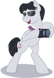 Size: 1341x1935 | Tagged: safe, artist:binkyt11, derpibooru exclusive, withers, earth pony, pony, g4, atg 2018, bipedal, camera, devious, henchmen, male, necktie, newbie artist training grounds, remake, simple background, solo, stallion, sunglasses, transparent background