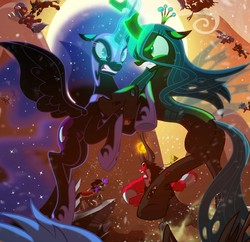 Size: 3193x3092 | Tagged: safe, artist:light262, artist:lummh, edit, king sombra, lord tirek, nightmare moon, queen chrysalis, alicorn, centaur, changeling, changeling queen, pegasus, pony, unicorn, comic:timey wimey, g4, cropped, crossed horns, dark crystal, dark magic, female, fight, glowing horn, high res, horn, horns are touching, magic, male, mare, scorpan's necklace, shadowbolts, stallion
