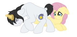 Size: 3908x1894 | Tagged: safe, artist:darkstorm mlp, fluttershy, oc, oc:wishing star, pegasus, pony, unicorn, g4, angry, defending, glare, protecting, shit just got real, simple background, transparent background